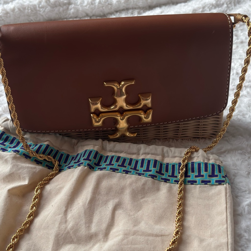 Tory Burch Eleanor Brown Leather Clutch with Gold Chain—Mint Condition